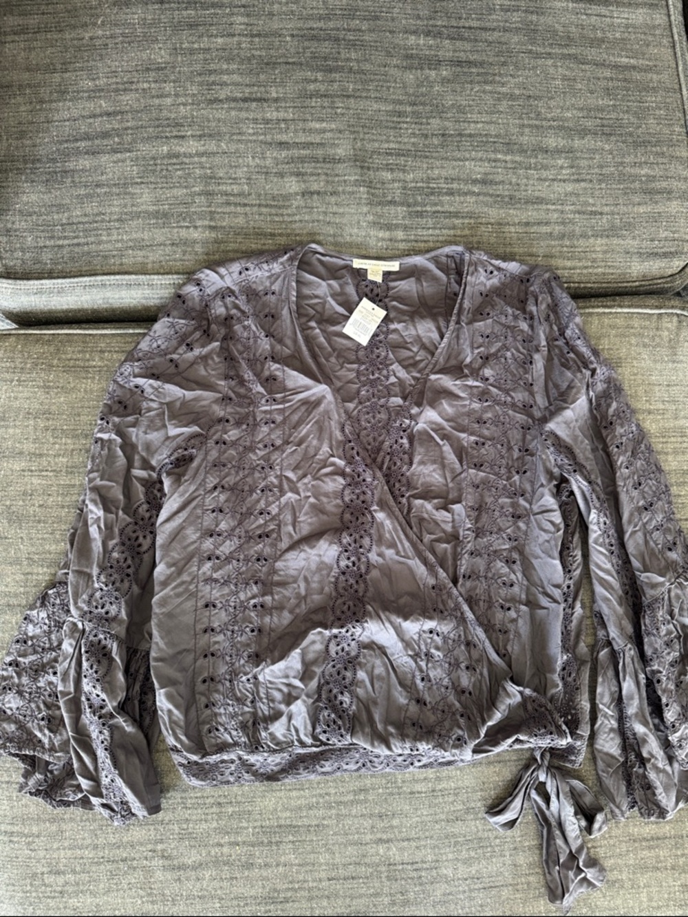 American Eagle Outfitters Purple/Gray Lace-Trim Wrap Blouse